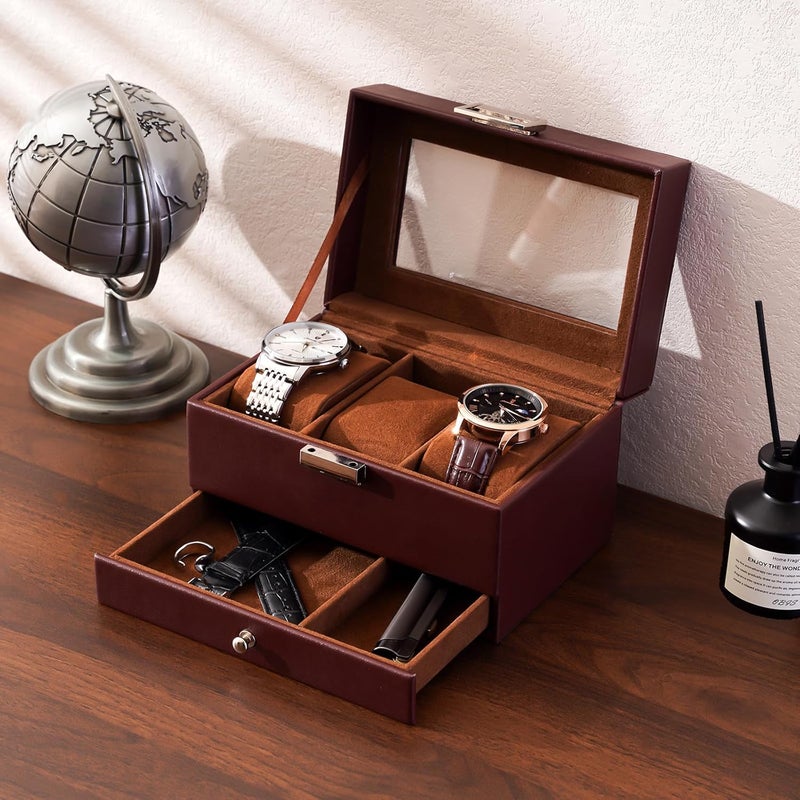 Procase صندوق ساعة، علبة عرض ساعات بـ 3 فتحات مع درج، علبة ساعات للرجال بغطاء زجاجي، منظم تخزين مجوهرات للرجال بطبقتين، هدايا عيد الميلاد وعيد الميلاد للرجال - 3 فتحات، إسبريسو - Image 5